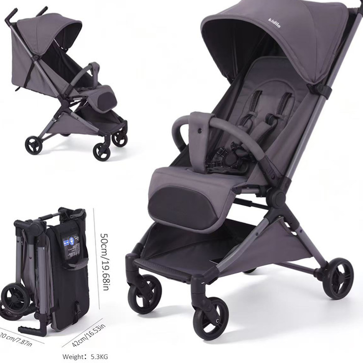 Charcoal grey Kidilo travel stroller open and folded with 50 cm height callout