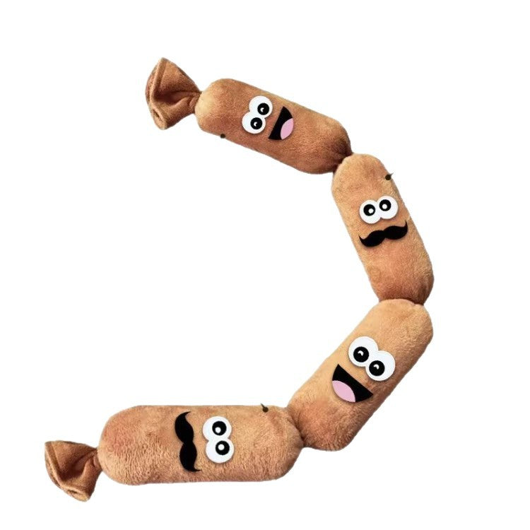 Four section brown plush sausage toy with a face on every link on a plain white background