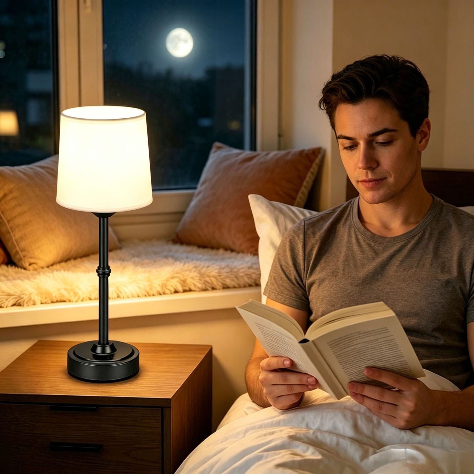 Black cordless table lamp glowing on a nightstand beside a person reading in bed