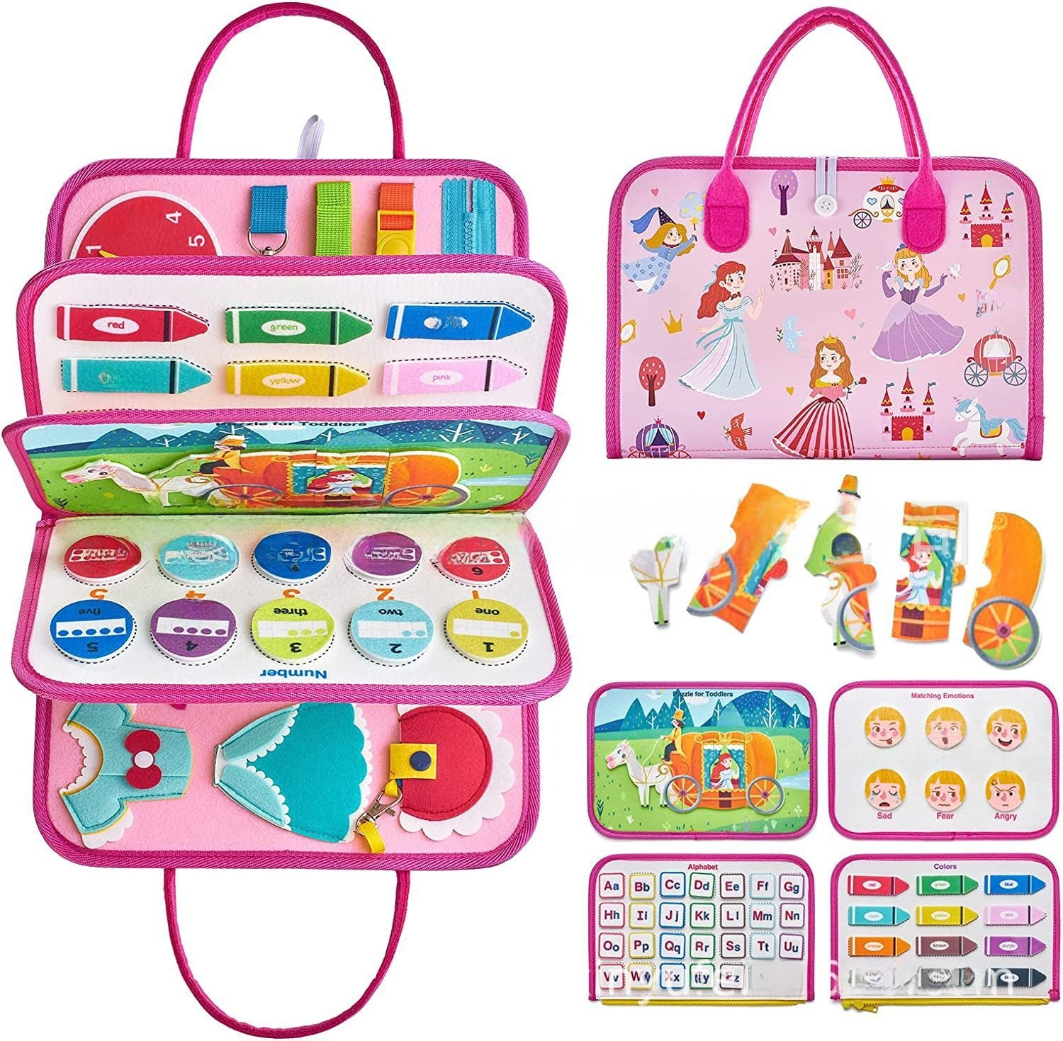 Felt busy board page with shapes and colours for young children