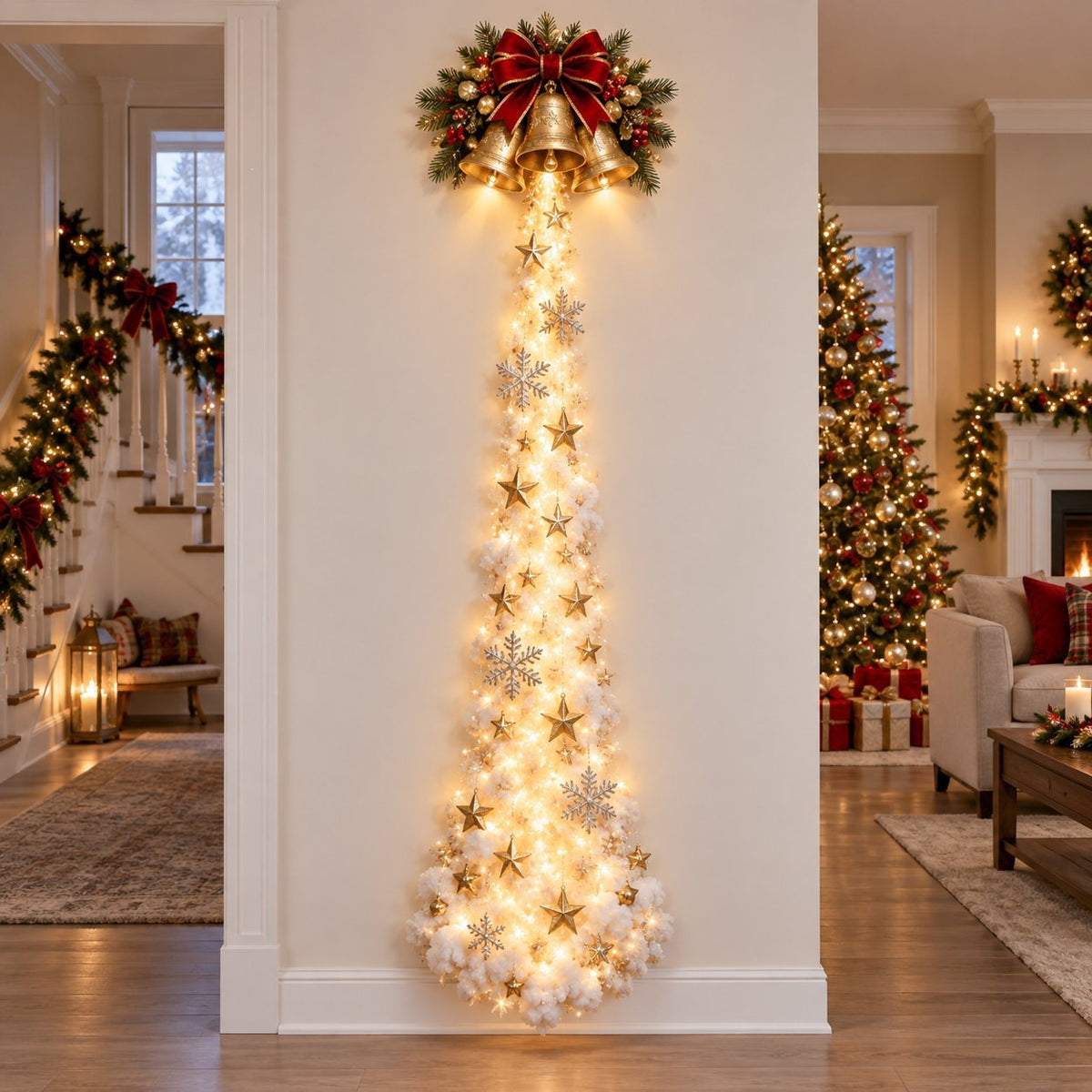 Illustrated Christmas wall display with a red ribbon bell above a trail of lights and stars, Bell option