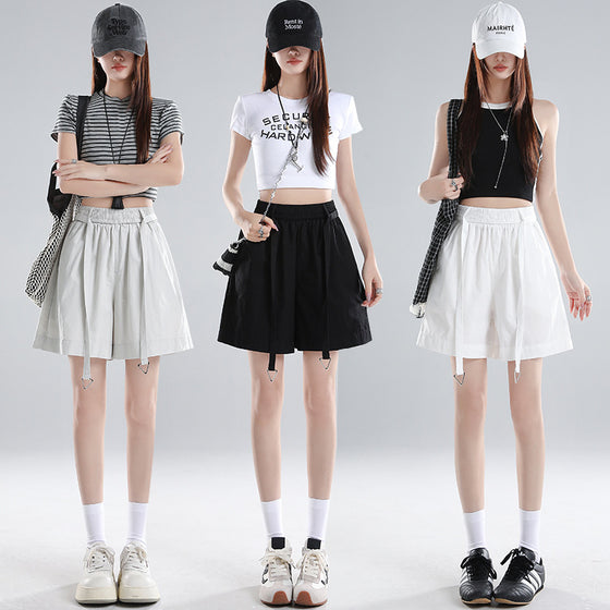 Washed Cotton Shorts Women Casual Loose Fit Wide-Leg