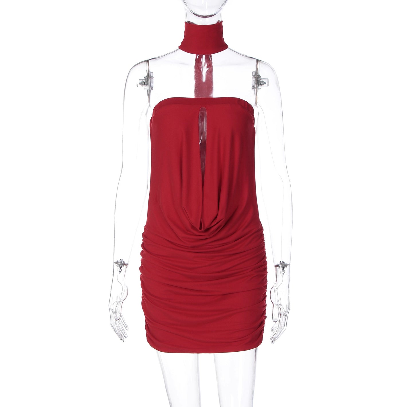 Red backless dress front view, fitted waist and sleeveless cut, product hero shot