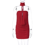 Red backless dress front view, fitted waist and sleeveless cut, product hero shot