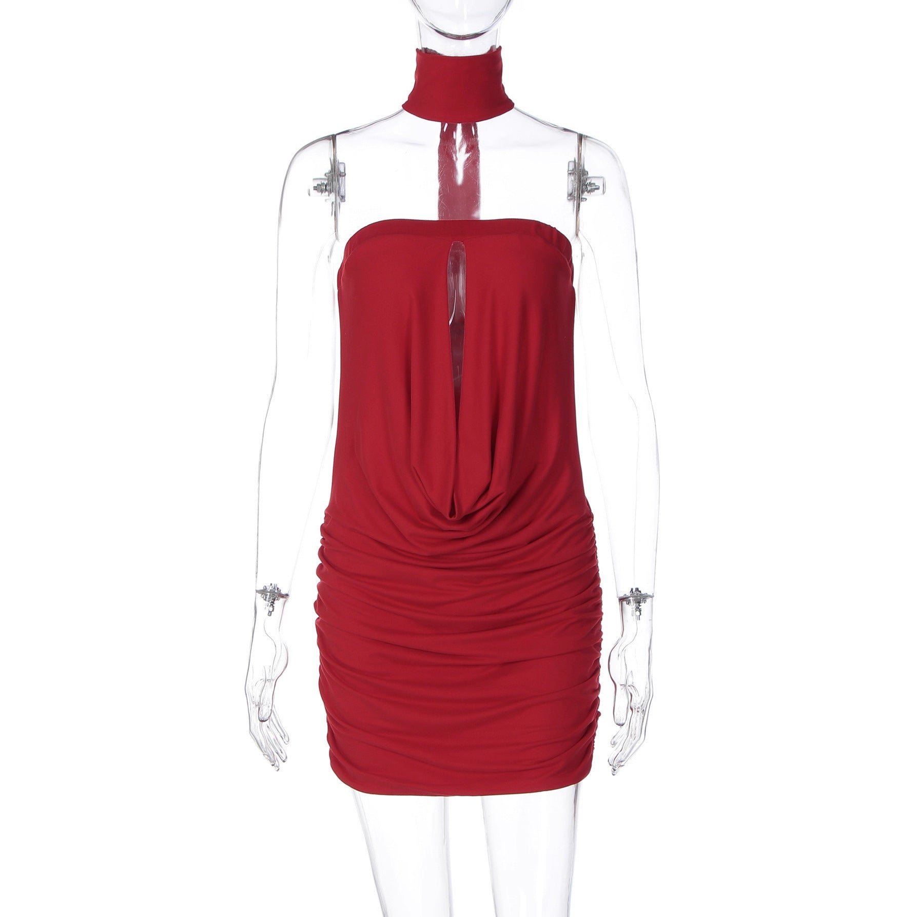 Red backless dress front view, fitted waist and sleeveless cut, product hero shot