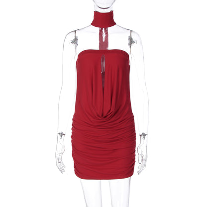 Red backless dress front view, fitted waist and sleeveless cut, product hero shot