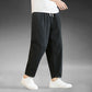 Mens cotton and linen wide leg casual trousers, loose straight cut, ankle length, drawstring waist
