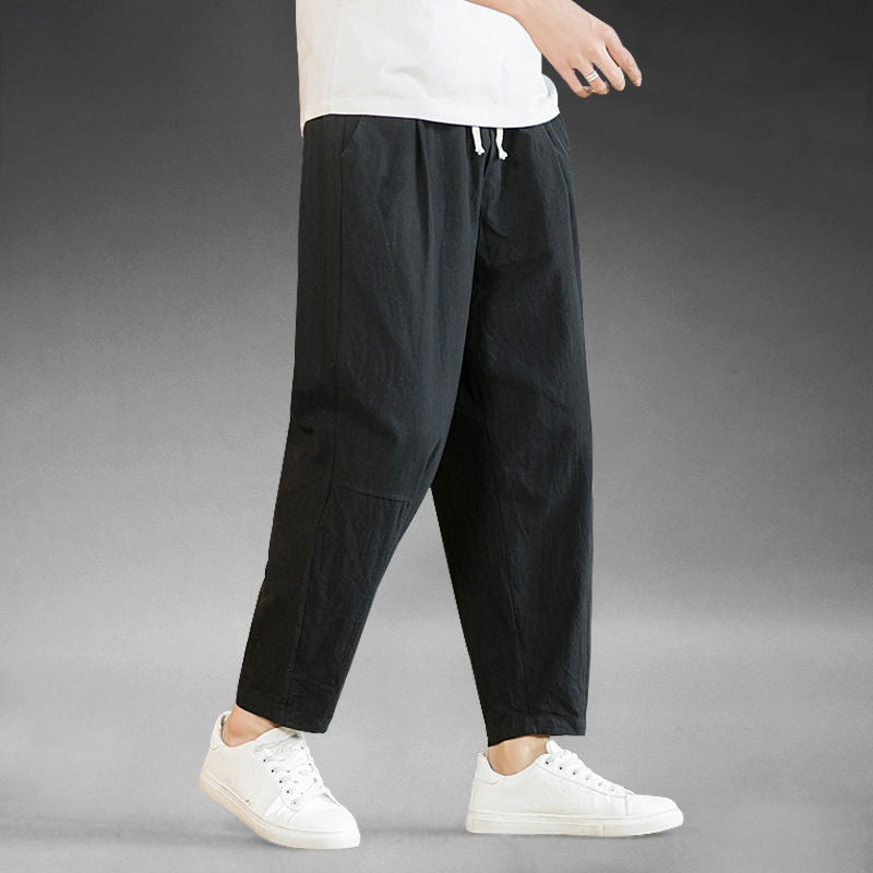 Mens cotton and linen wide leg casual trousers, loose straight cut, ankle length, drawstring waist