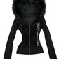 Cursive script print down one side of a black velour hooded zip-up jacket