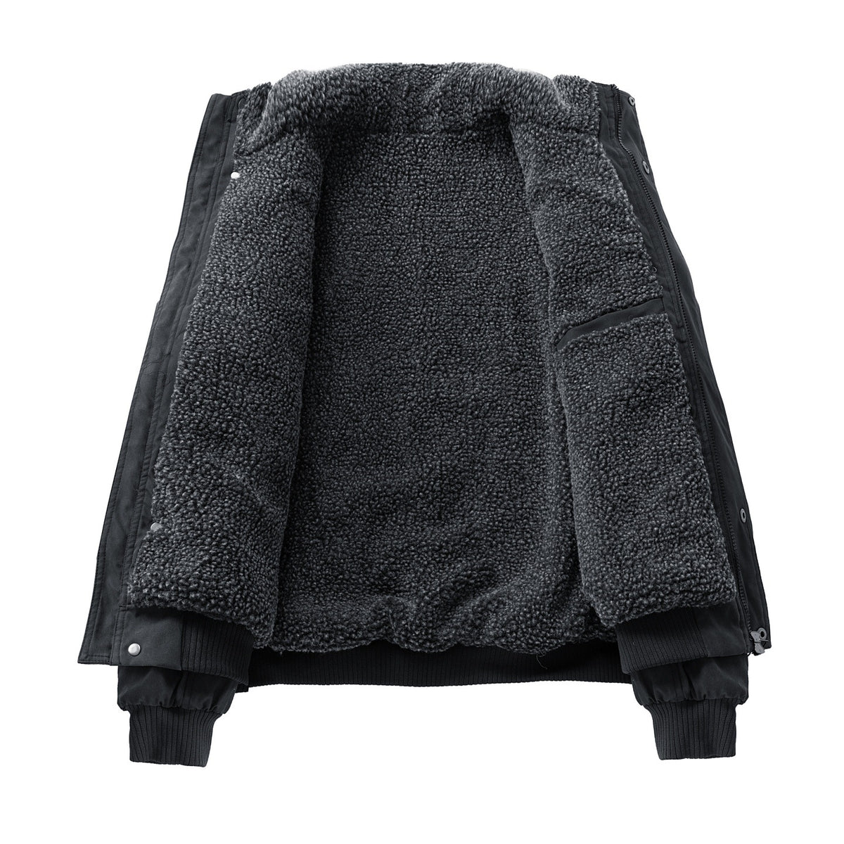 Open black jacket showing the teddy style fleece lining of the body and collar with ribbed cuffs