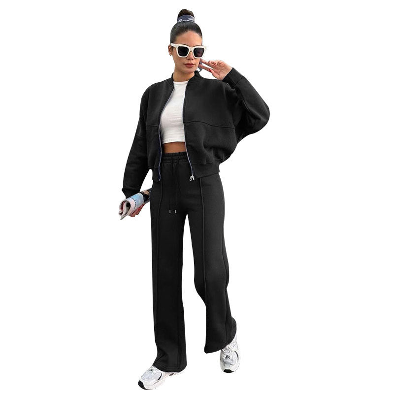 Black fleece zip jacket and wide-leg pants set, side view