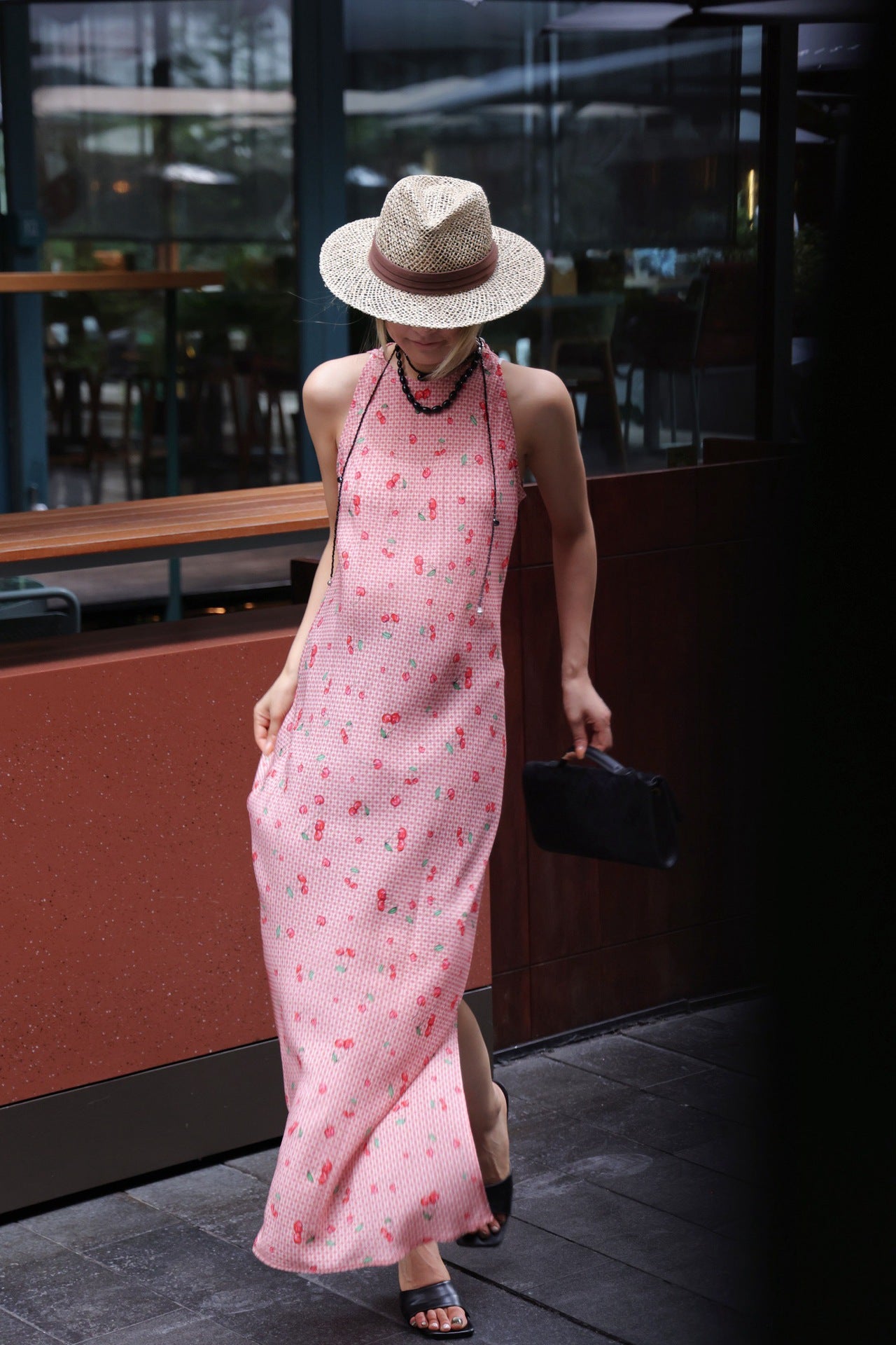 Long pink cherry gingham silk dress with open back and side slit