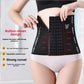 Black waist trainer worn at the waist, front view of the six row thirteen hook closure being fastened