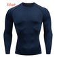 Dark blue tight-fit long sleeve training shirt with raglan sleeves, option photo for size M