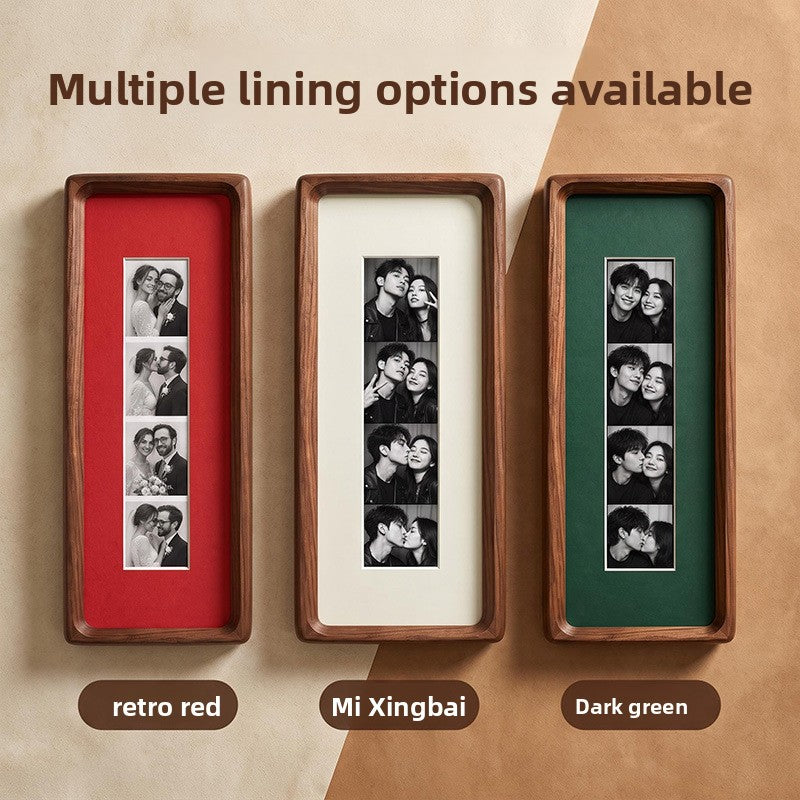 Three solid wood photo strip frames with retro red, almond white and dark green linings side by side