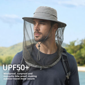 Wide brim nylon sun hat with the mesh net tucked up into the crown