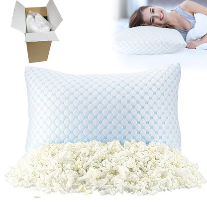 Rectangular memory foam bed pillow with a quilted cooling knit cover on a made bed