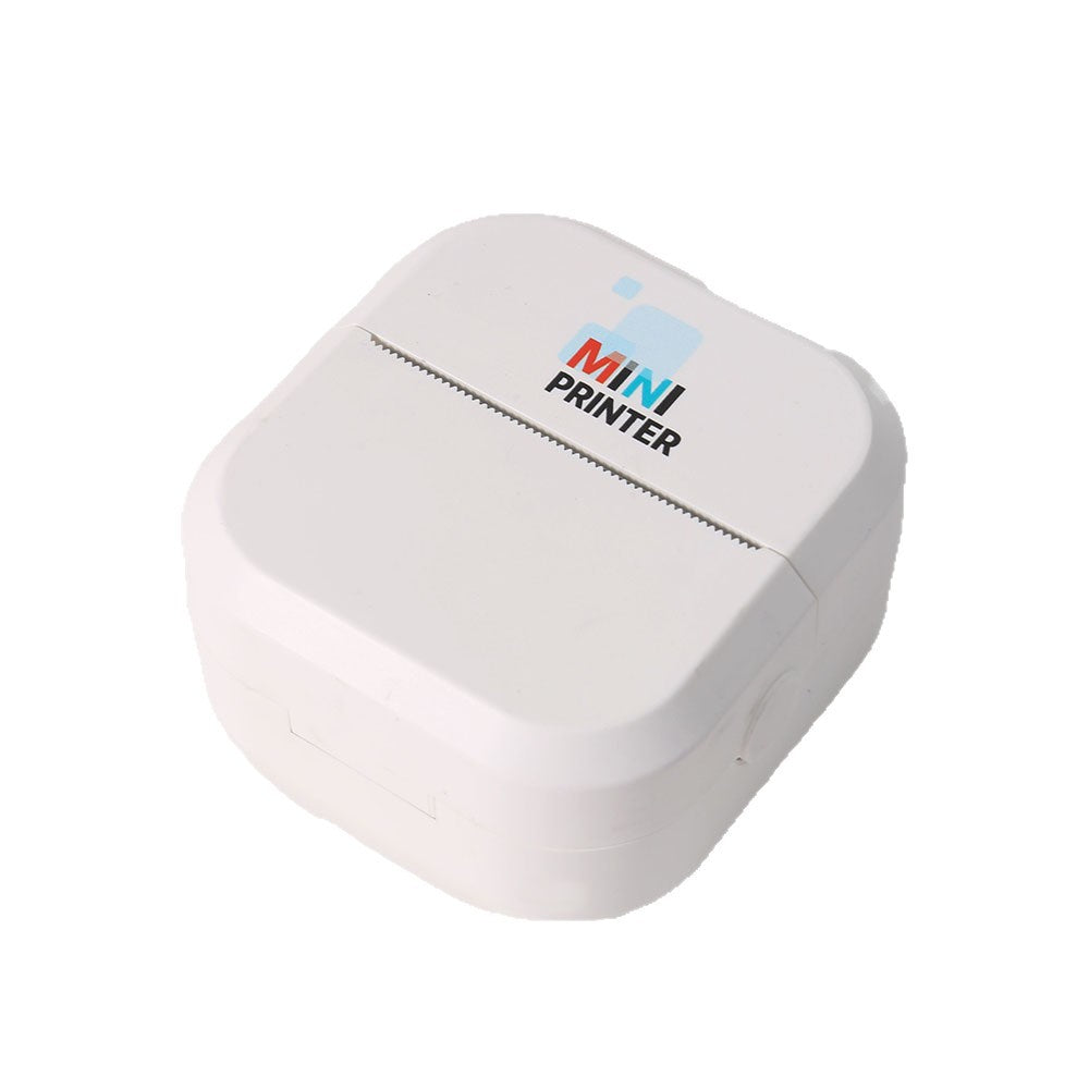 Compact white thermal transfer printer photographed at an angle on a plain studio background