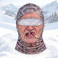 Printed elder face balaclava Elder5 with grey hair, missing tooth and cigarette on a snowy mountain backdrop