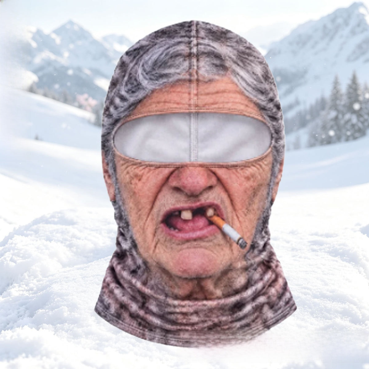 Printed elder face balaclava Elder5 with grey hair, missing tooth and cigarette on a snowy mountain backdrop