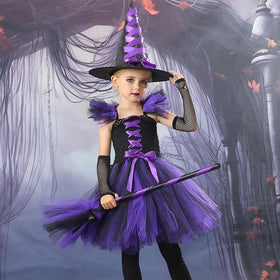 Girls Witch Costume Set with Hat and Broom