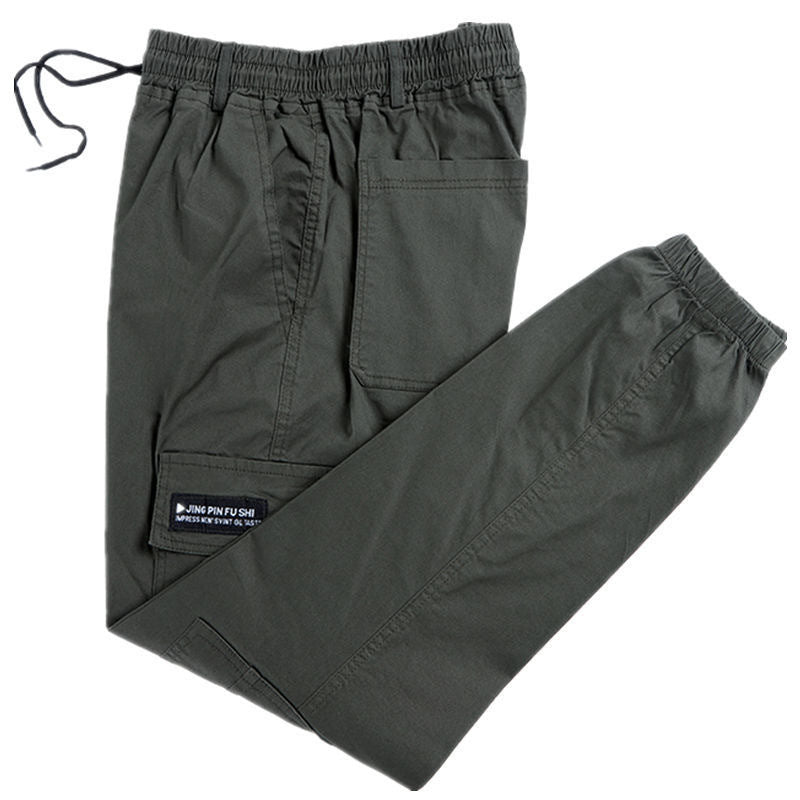 Close view of the cargo pocket and camouflage print on the lightweight jogger pants