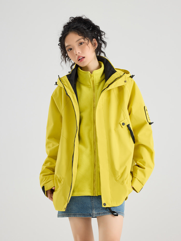 Water resistant polyester shell jacket with stand collar hood, shown with the zip in fleece liner