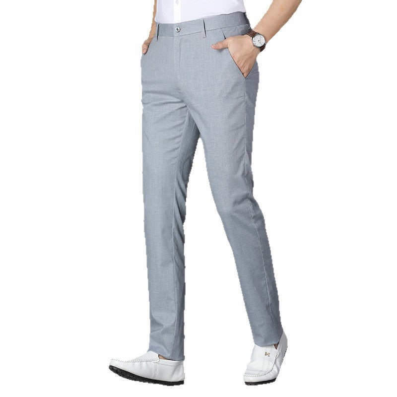 Light gray linen blend mens trousers side profile showing straight leg and hem