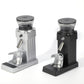 Silver electric burr coffee grinder shown from the front with touch control base panel
