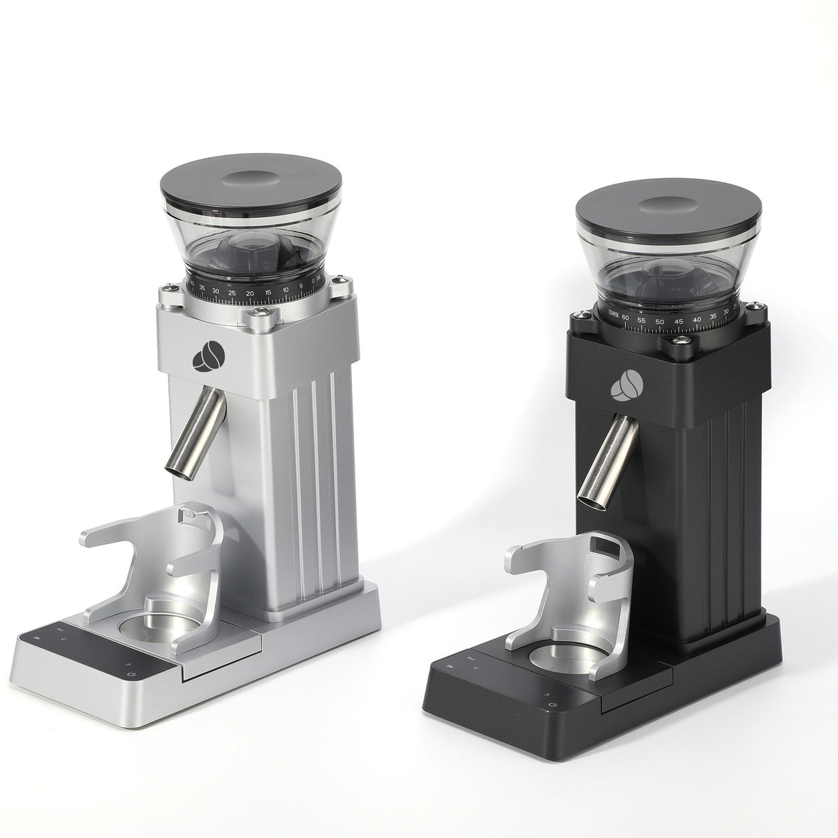 Silver electric burr coffee grinder shown from the front with touch control base panel