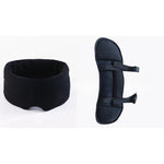 Black modal cotton long sleep eye mask beside a black travel pillow with two adjustable buckle straps