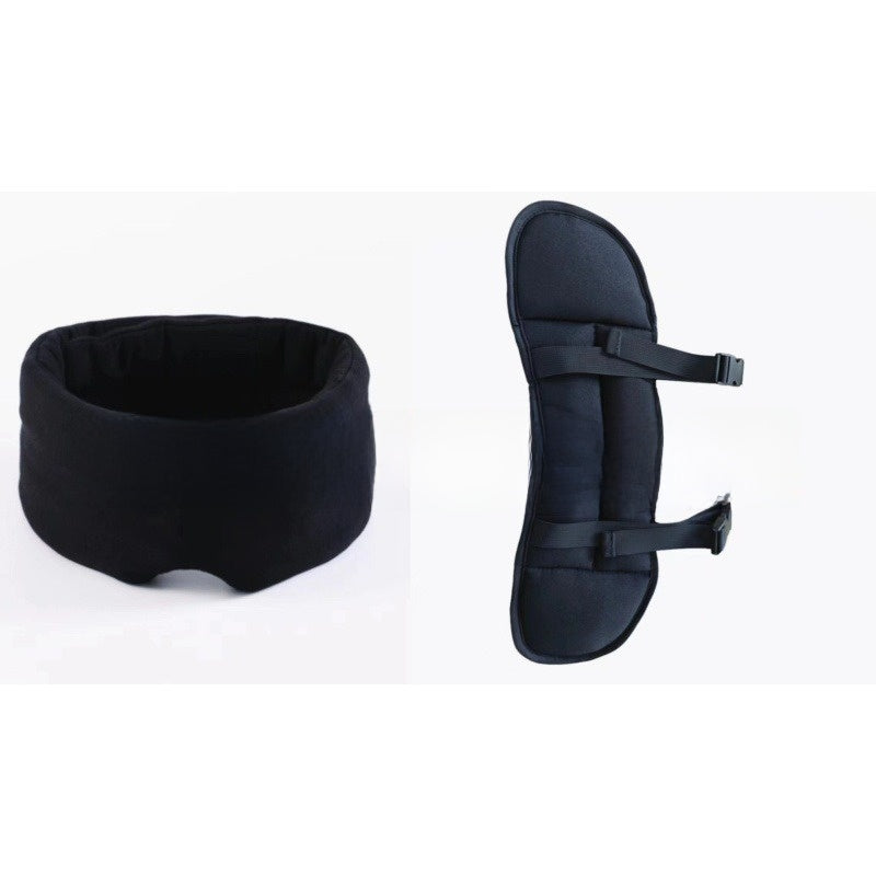 Black modal cotton long sleep eye mask beside a black travel pillow with two adjustable buckle straps