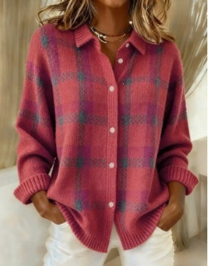Pink option photo of a raspberry pink knit cardigan with a plaid check, shirt collar, size 5XL