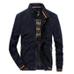 Dark blue stand collar cotton bomber jacket with striped ribbed cuffs and hem, size L option