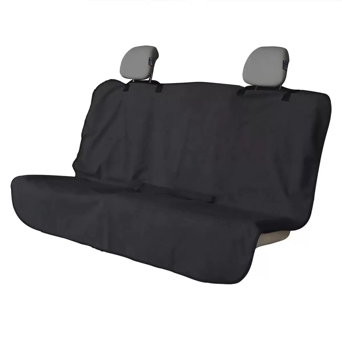 Black waterproof pet seat cover fitted across a car rear bench with headrest straps