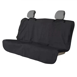 Black waterproof pet seat cover fitted across a car rear bench with headrest straps
