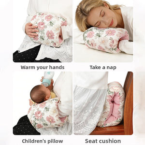 Side profile of the nursing support pillow showing the curved cushioned core and cover seam