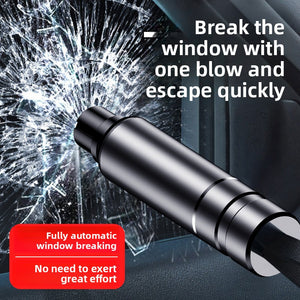 Metal car window breaker shown next to a cracked car side window in a product graphic