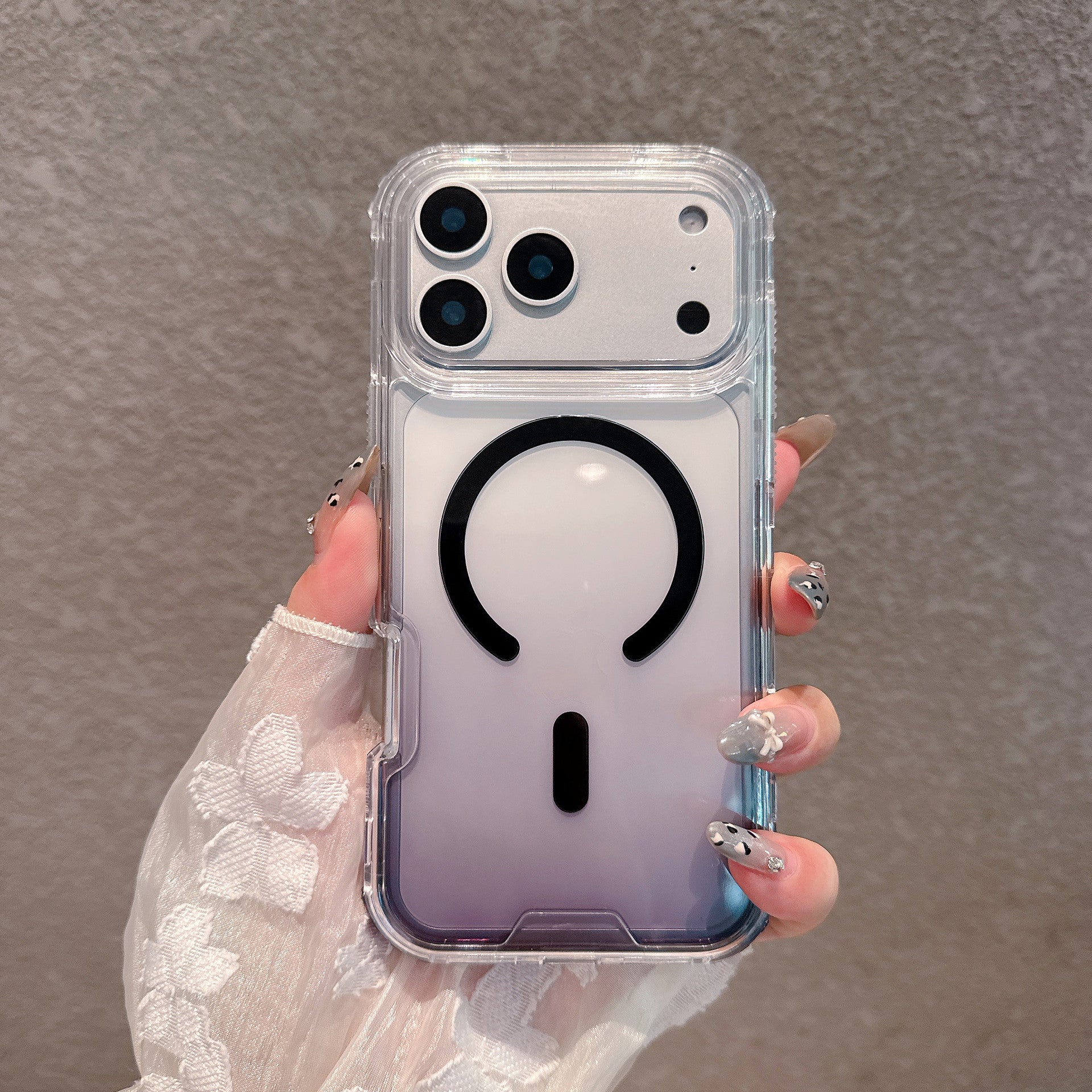 Gradient black clear polycarbonate iPhone case with a black back ring and camera shelf