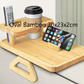 Oval bamboo sofa armrest tray with cup holder and raised shelf on a couch arm