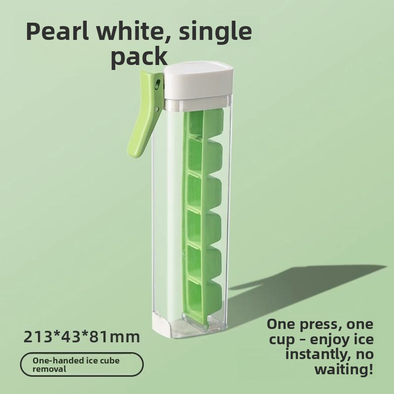 Cutaway of the ice tray showing the soft inner mould with six cube pockets in a single row