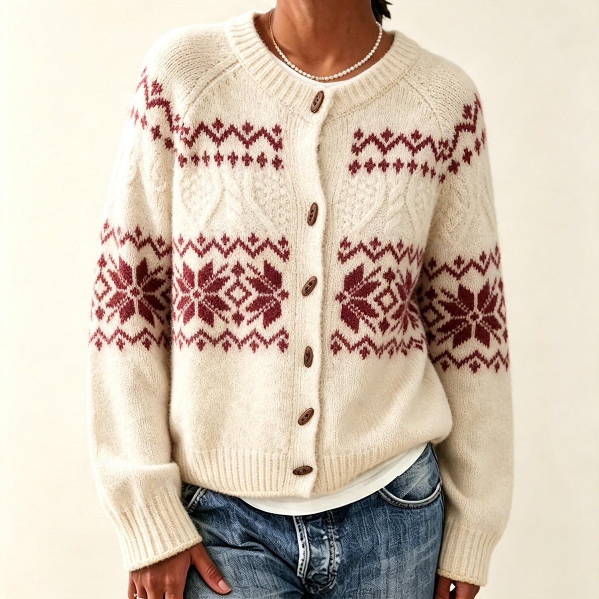 Off-white Fair Isle cardigan with wine red snowflake pattern, front view for the size L option