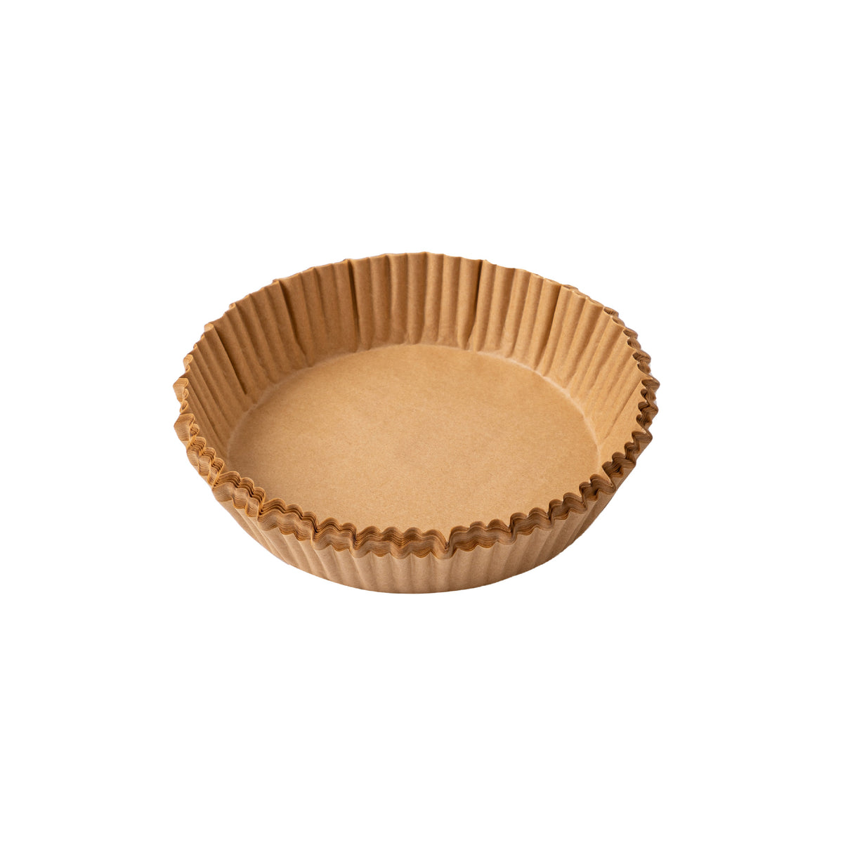 Disposable wood pulp air fryer paper liner holding food inside an air fryer basket