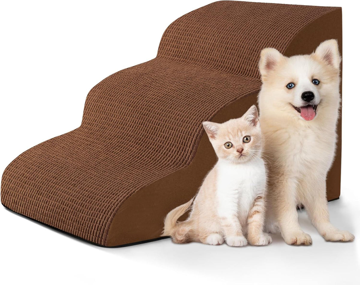 Foam pet steps with a firm core and ribbed cover, wide treads and a non slip base on a hard floor