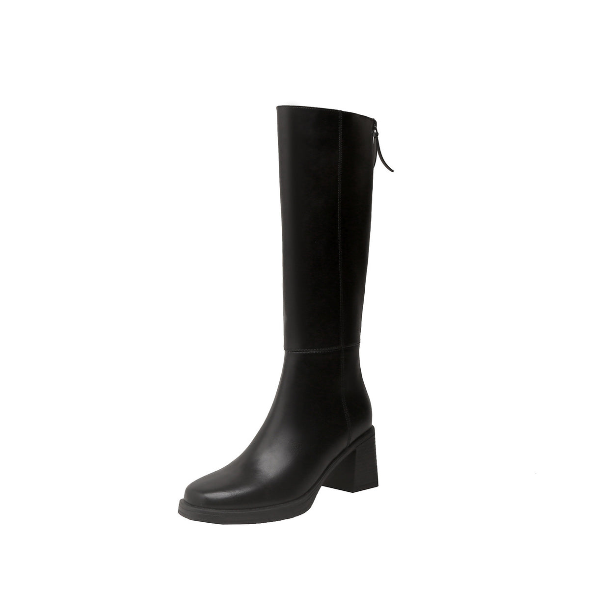 Back view of the leather riding boots showing the full length back zip closure