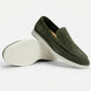Olive green suede slip-on loafer with a rounded toe and a thick pale sole, size 40 option