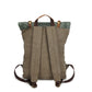 Back view of canvas backpack with two shoulder straps, brown top handle and roll-top straps