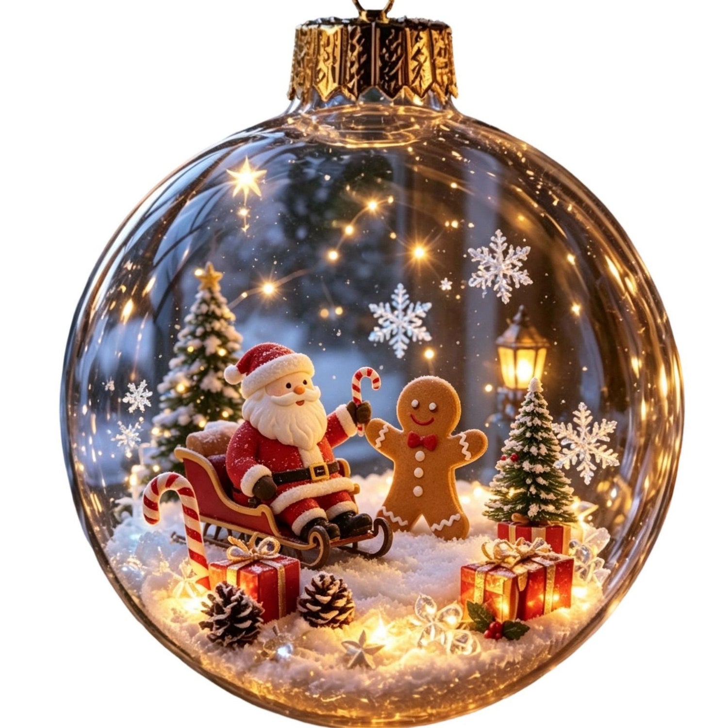 Clear Christmas ornament printed with Santa on his sleigh and a gingerbread man scene