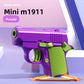 Purple and green model pistol fidget on an orange stand, textured moulded grip panel