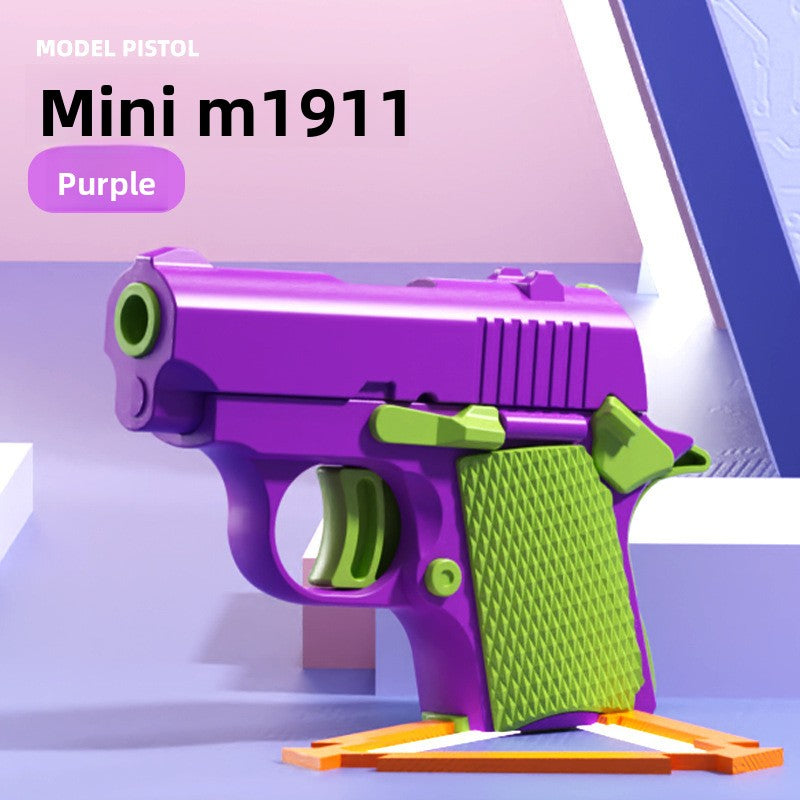 Purple and green model pistol fidget on an orange stand, textured moulded grip panel